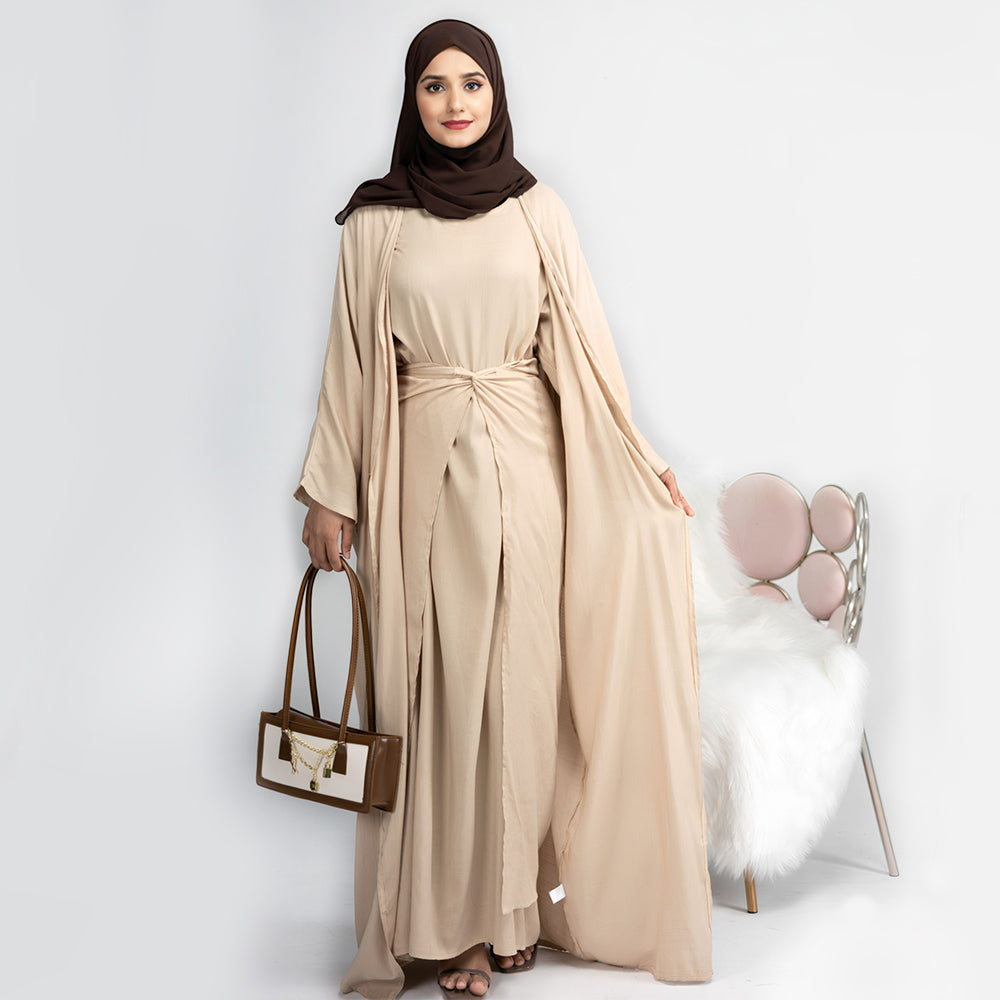 Get trendy with Alaina 3-Piece Abaya Set - Cream -  available at Voilee NY. Grab yours for $44.90 today!