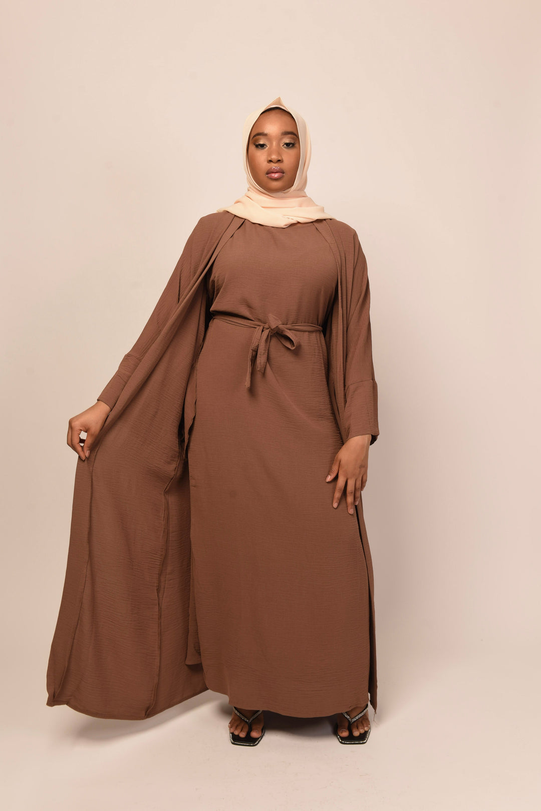 Get trendy with Lea 2-Piece Abaya Set - Brown -  available at Voilee NY. Grab yours for $74.90 today!