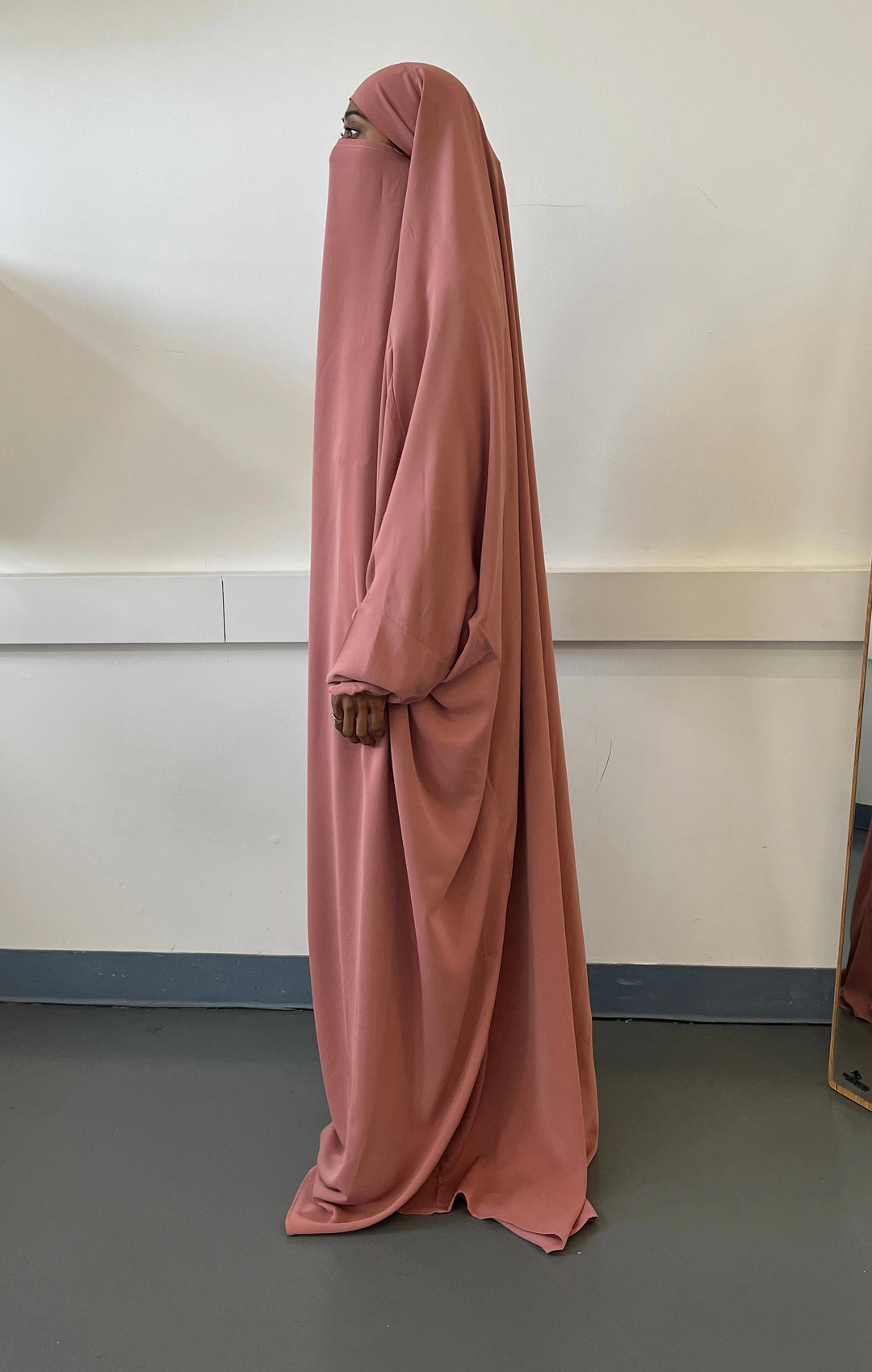 Get trendy with Sarah Niqab Jilbab - Pink Salmon -  available at Voilee NY. Grab yours for $44.99 today!