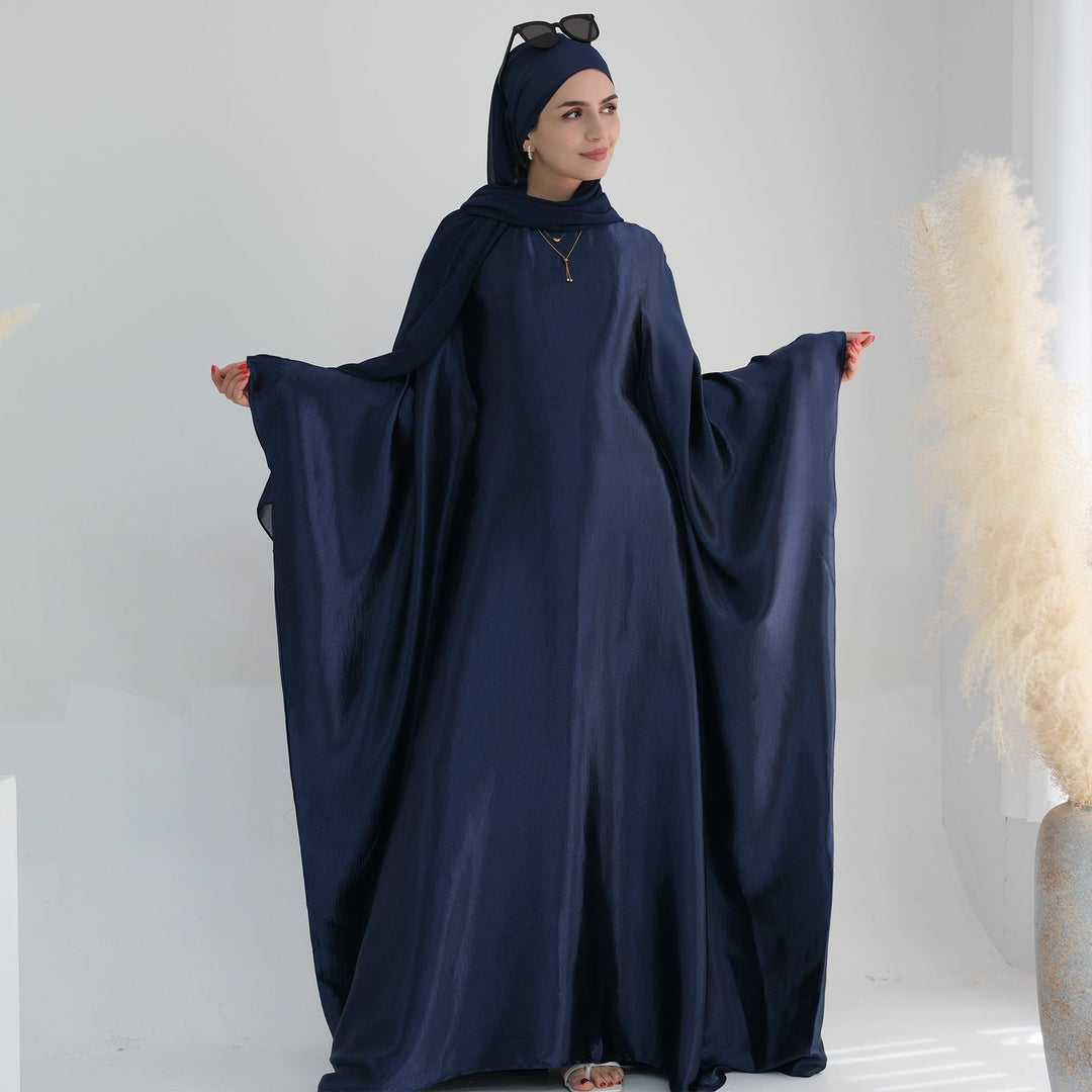 Get trendy with Alisha Butterfly Satin Abaya - Navy - Dresses available at Voilee NY. Grab yours for $72.90 today!