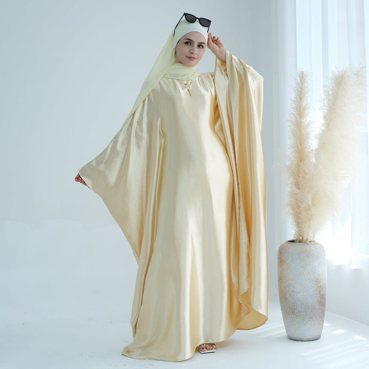 Get trendy with Alisha Butterfly Satin Abaya - Yellow Gold - Dresses available at Voilee NY. Grab yours for $72.90 today!