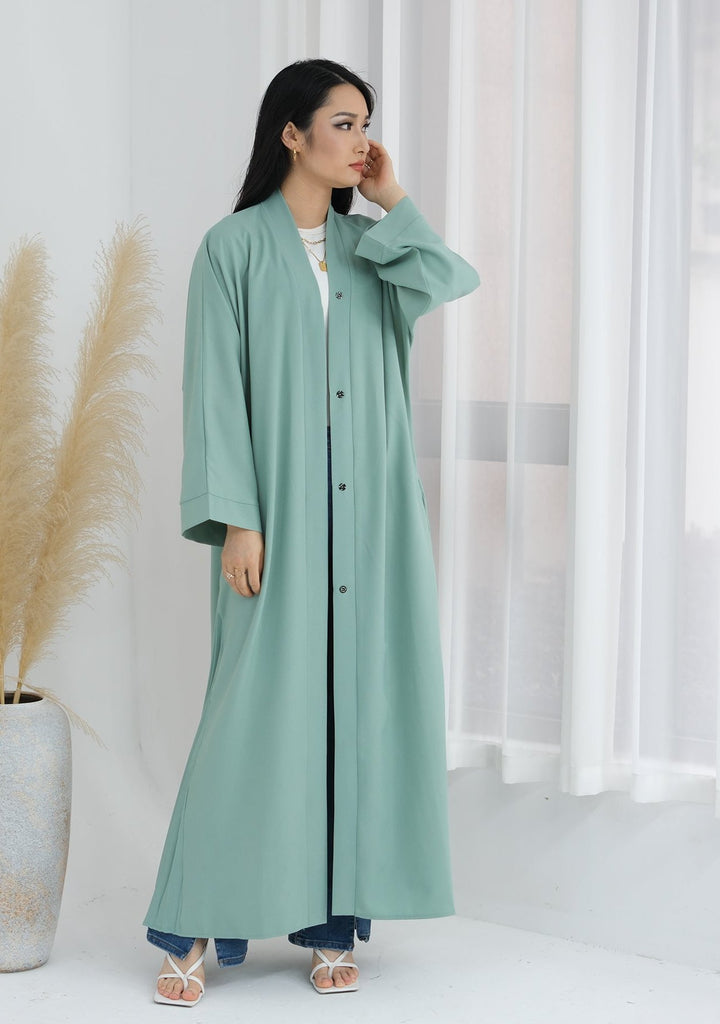 Get trendy with Hera Open Abaya Kimono - Mint - Cardigan available at Voilee NY. Grab yours for $59.90 today!