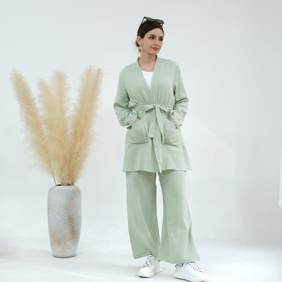 Get trendy with Cotton Waffle 4-piece Lounge Set - Mint - Pants set available at Voilee NY. Grab yours for $84.90 today!