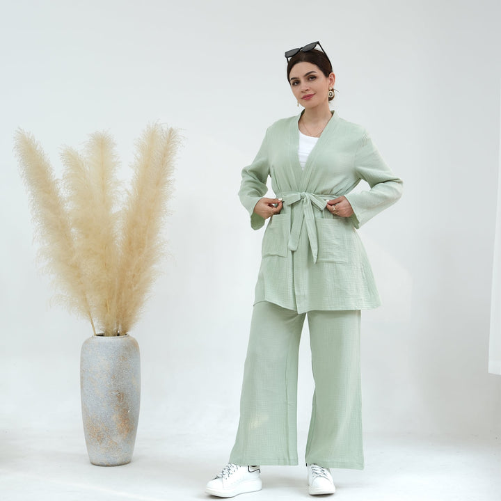 Get trendy with Cotton Waffle 4-piece Lounge Set - Mint - Pants set available at Voilee NY. Grab yours for $84.90 today!