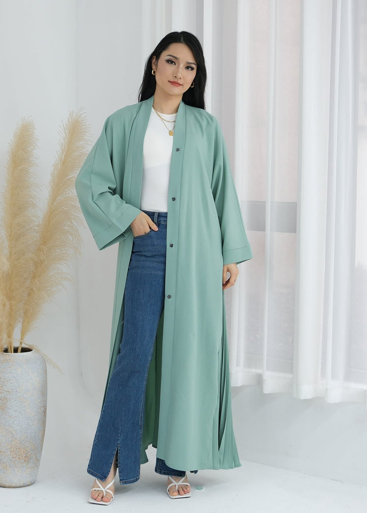 Get trendy with Hera Open Abaya Kimono - Mint - Cardigan available at Voilee NY. Grab yours for $59.90 today!