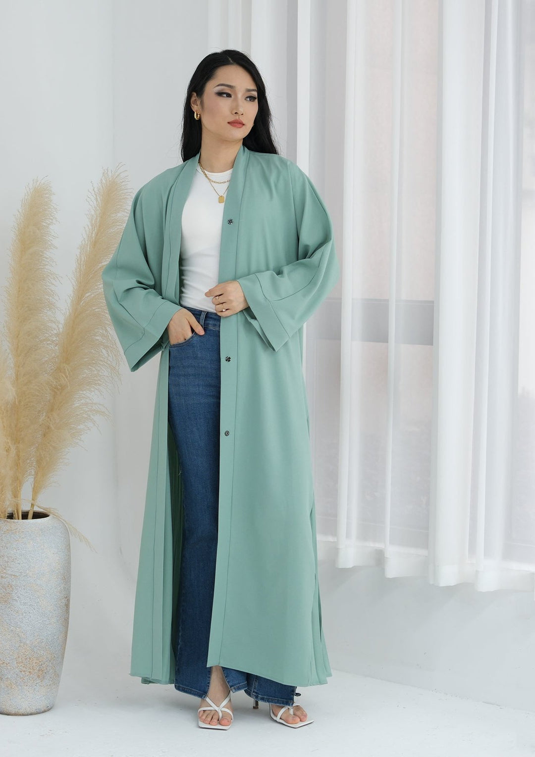 Get trendy with Hera Open Abaya Kimono - Mint - Cardigan available at Voilee NY. Grab yours for $59.90 today!