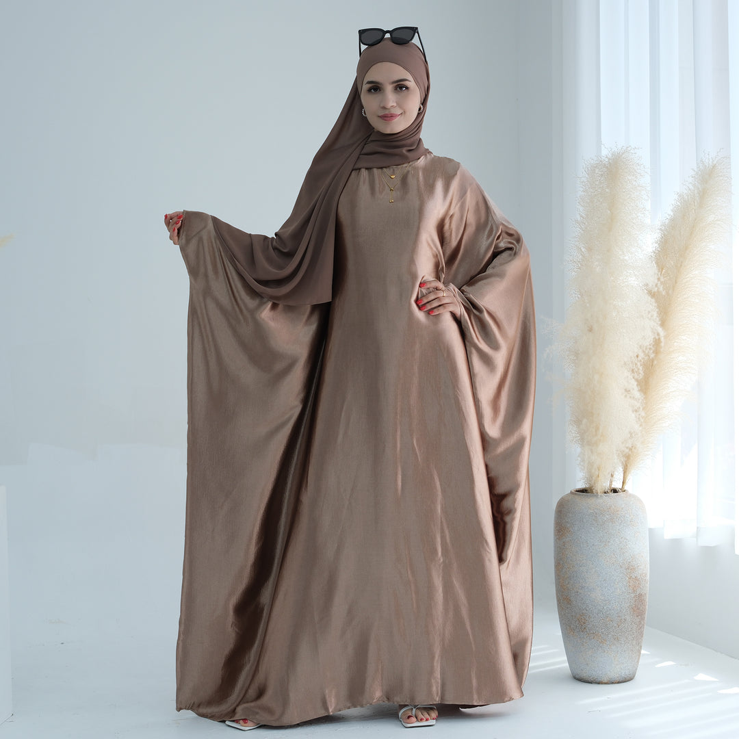 Get trendy with Alisha Butterfly Satin Abaya - Brown - Dresses available at Voilee NY. Grab yours for $72.90 today!