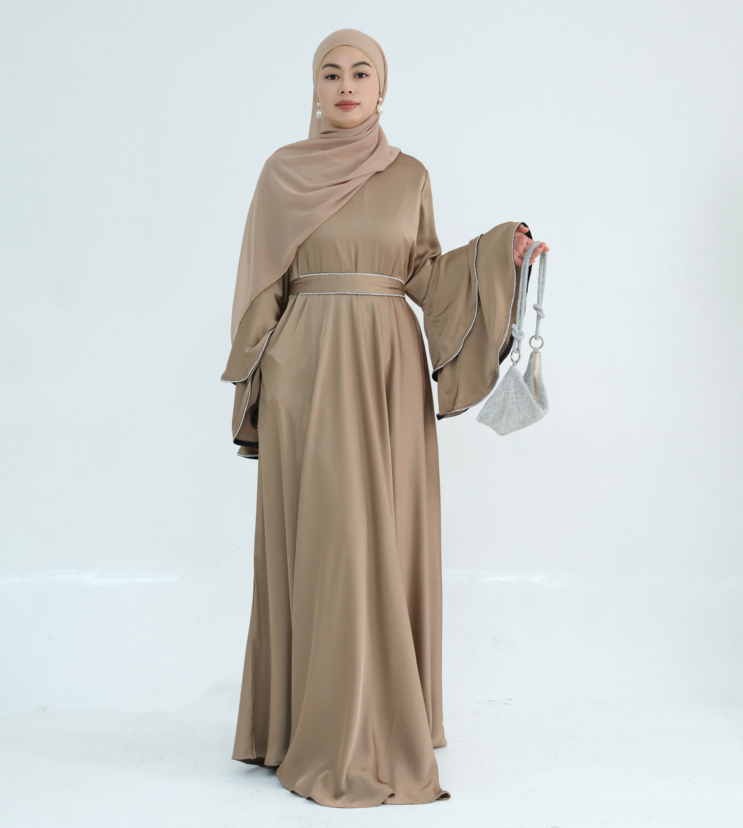 Get trendy with Naomi Satin Bell Sleeves Maxi Dress - Beige - Dresses available at Voilee NY. Grab yours for $67.90 today!