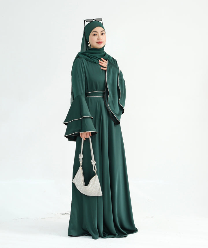 Get trendy with Naomi Satin Bell Sleeves Maxi Dress - Emerald - Dresses available at Voilee NY. Grab yours for $67.90 today!