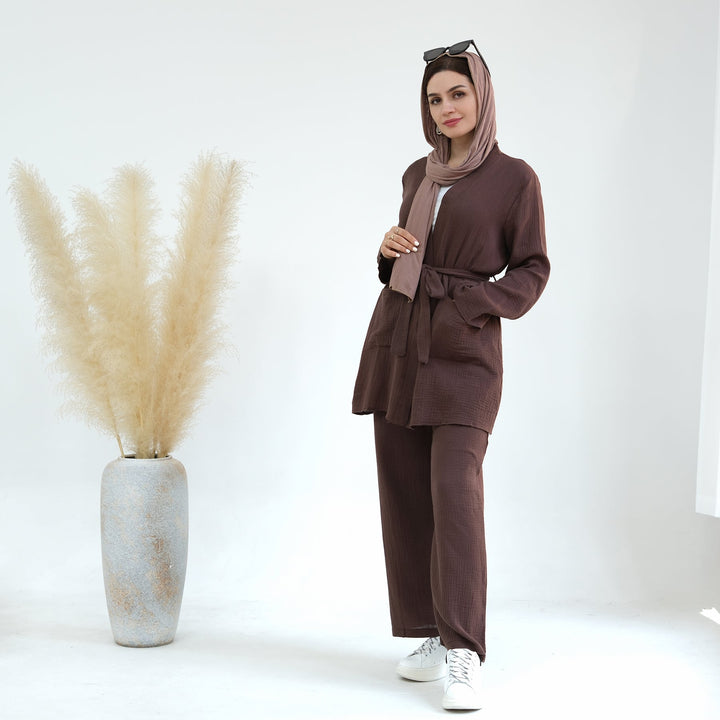 Get trendy with Cotton Waffle 4-piece Lounge Set - Coffee - Pants set available at Voilee NY. Grab yours for $84.90 today!