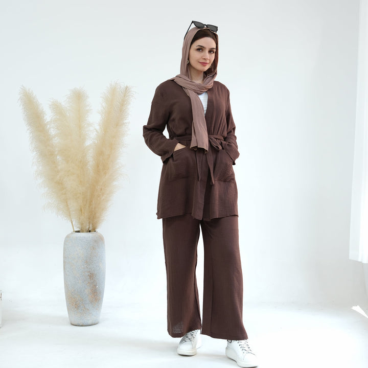 Get trendy with Cotton Waffle 4-piece Lounge Set - Coffee - Pants set available at Voilee NY. Grab yours for $84.90 today!