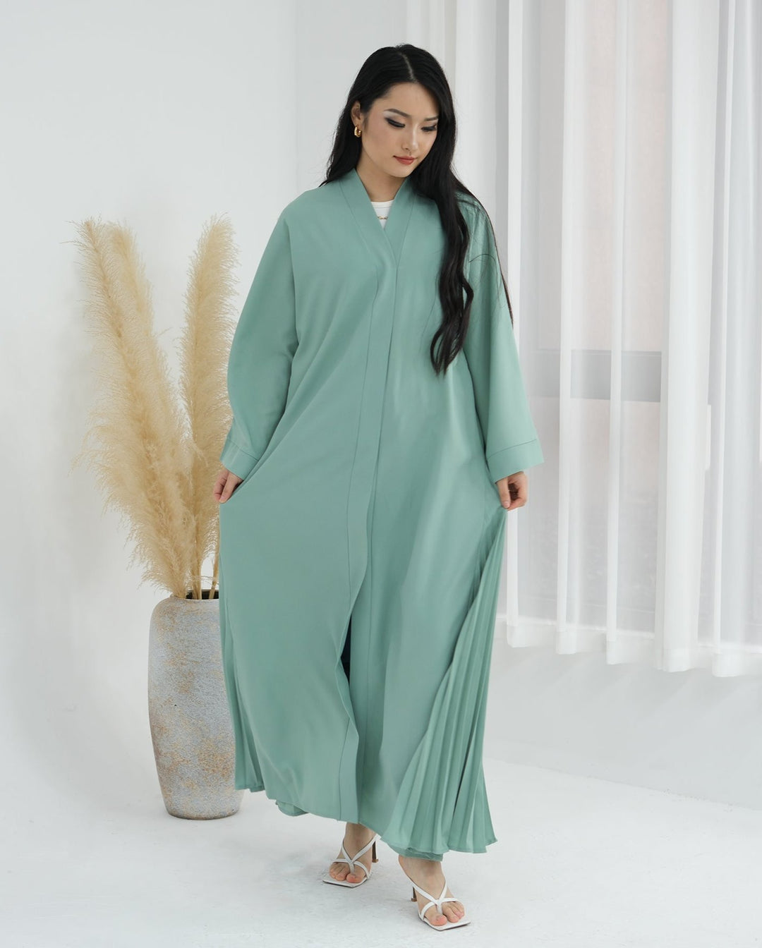 Get trendy with Hera Open Abaya Kimono - Mint - Cardigan available at Voilee NY. Grab yours for $59.90 today!