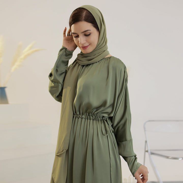 Get trendy with Kristal Satin Maxi Dress - Olive - Dresses available at Voilee NY. Grab yours for $54.99 today!