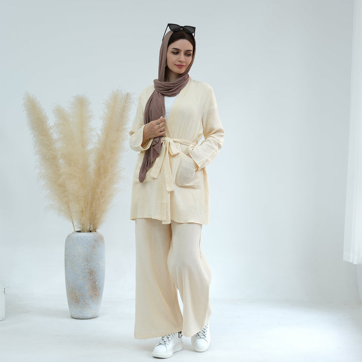 Get trendy with Cotton Waffle 4-piece Lounge Set - Eggnog - Pants set available at Voilee NY. Grab yours for $84.90 today!