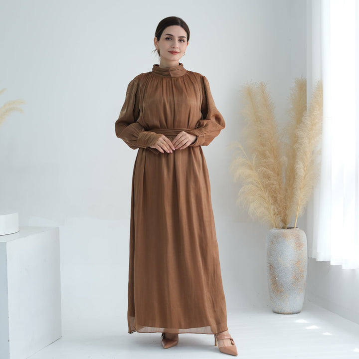 Get trendy with Indira Sparkles Long Sleeve Maxi Dress - Brown - Dresses available at Voilee NY. Grab yours for $69.90 today!
