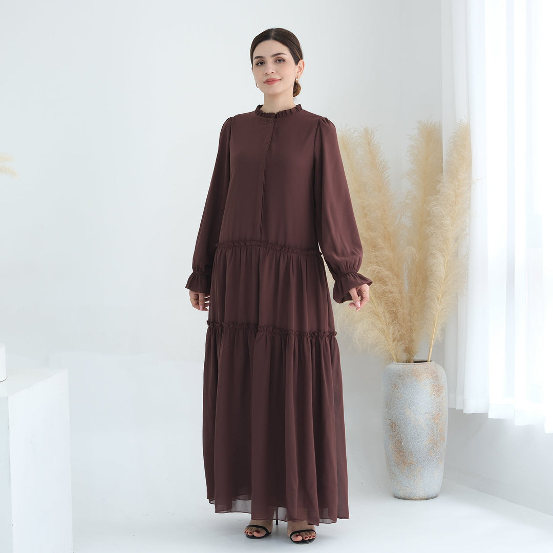 Get trendy with Molly Prairie Chiffon Maxi Dress - Coffee - Dresses available at Voilee NY. Grab yours for $69.90 today!