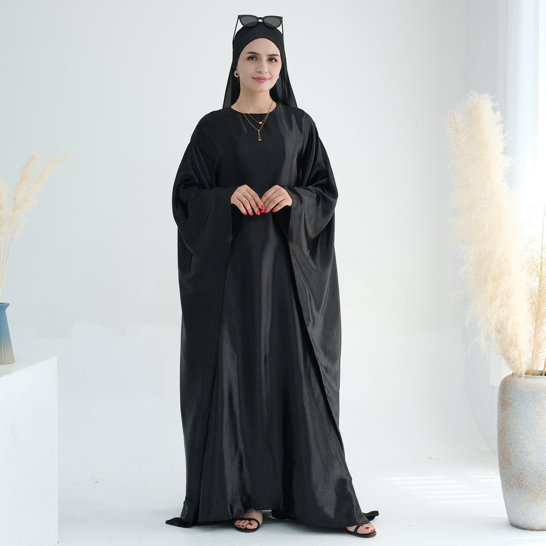 Get trendy with Alisha Butterfly Satin Abaya - Black - Dresses available at Voilee NY. Grab yours for $72.90 today!