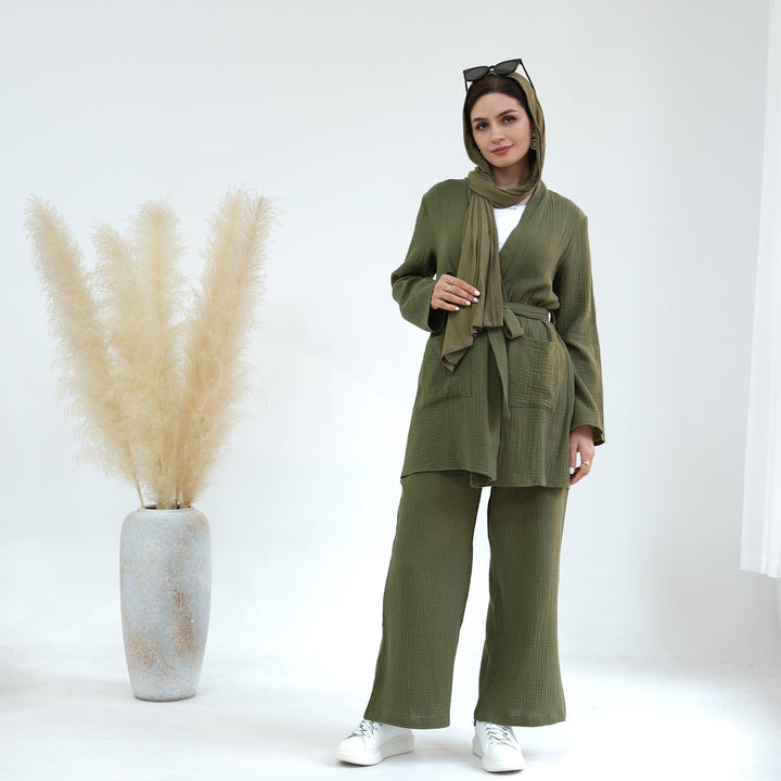 Get trendy with Cotton Waffle 4-piece Lounge Set - Olive - Pants set available at Voilee NY. Grab yours for $84.90 today!
