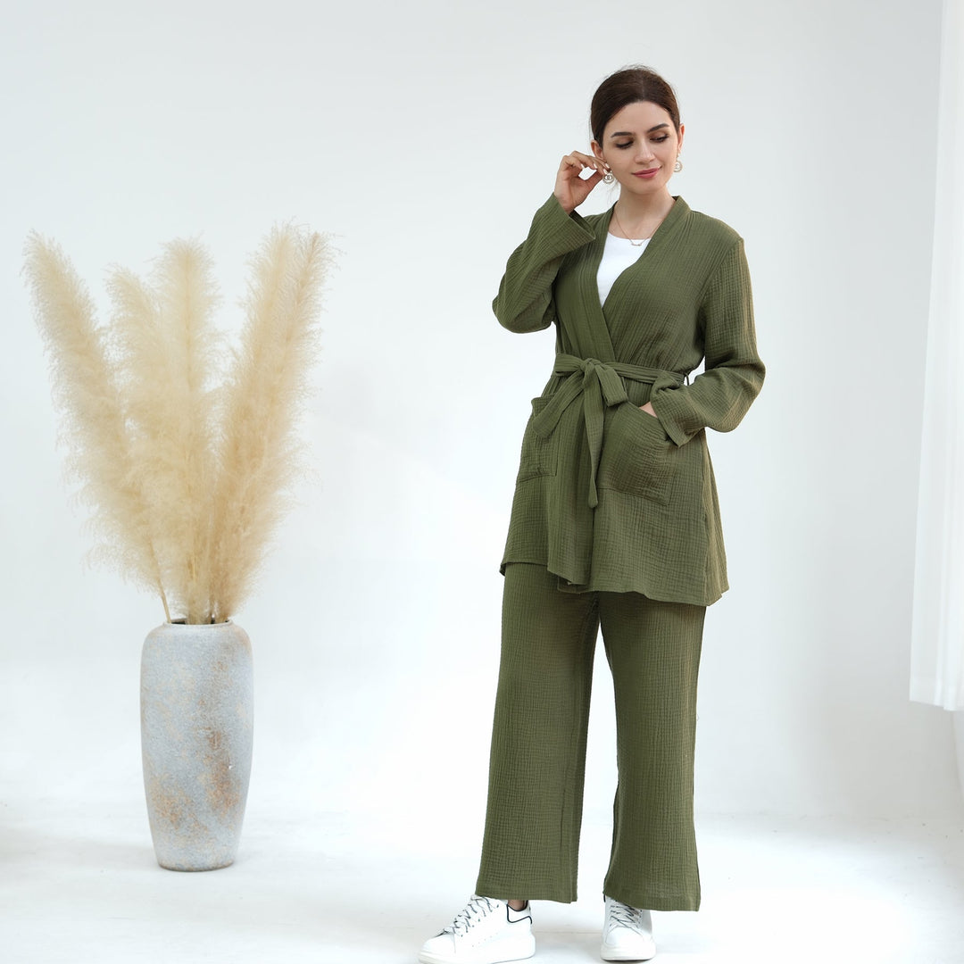Get trendy with Cotton Waffle 4-piece Lounge Set - Olive - Pants set available at Voilee NY. Grab yours for $84.90 today!
