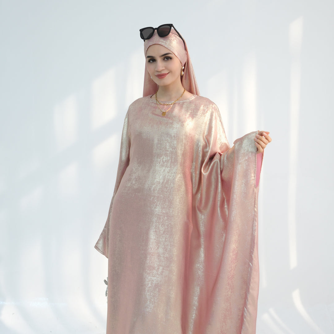 Get trendy with Linora Shimmer Butterfly Abaya - Peach - Dresses available at Voilee NY. Grab yours for $59.90 today!