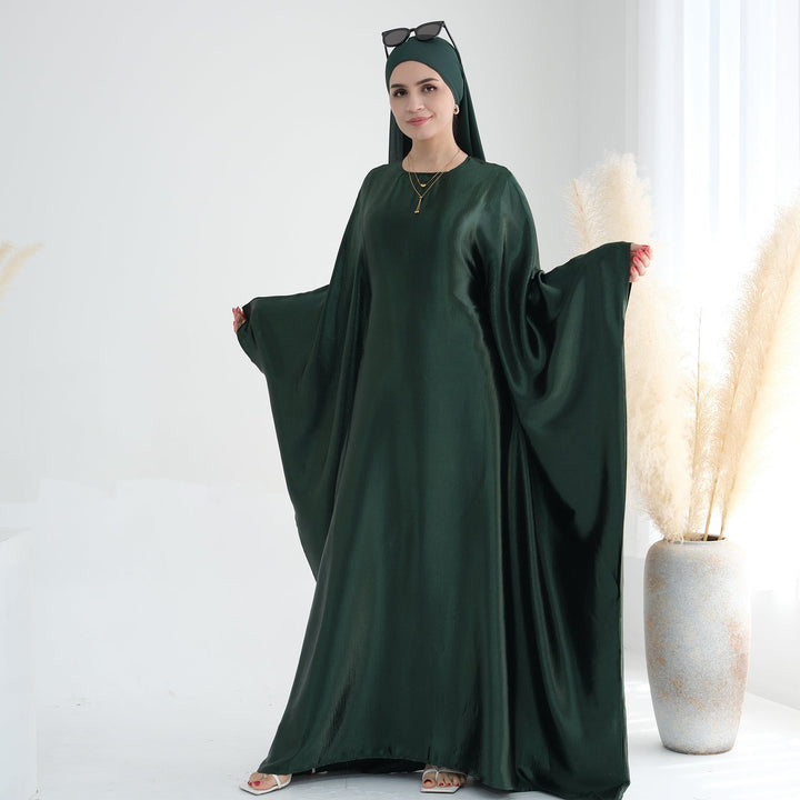 Get trendy with Alisha Butterfly Satin Abaya - Hunter - Dresses available at Voilee NY. Grab yours for $72.90 today!
