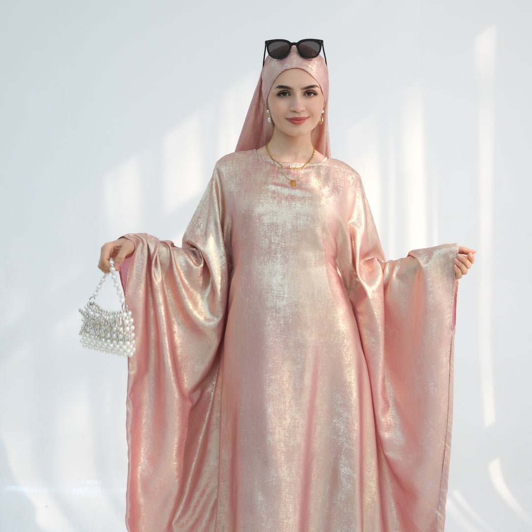 Get trendy with Linora Shimmer Butterfly Abaya - Peach - Dresses available at Voilee NY. Grab yours for $59.90 today!