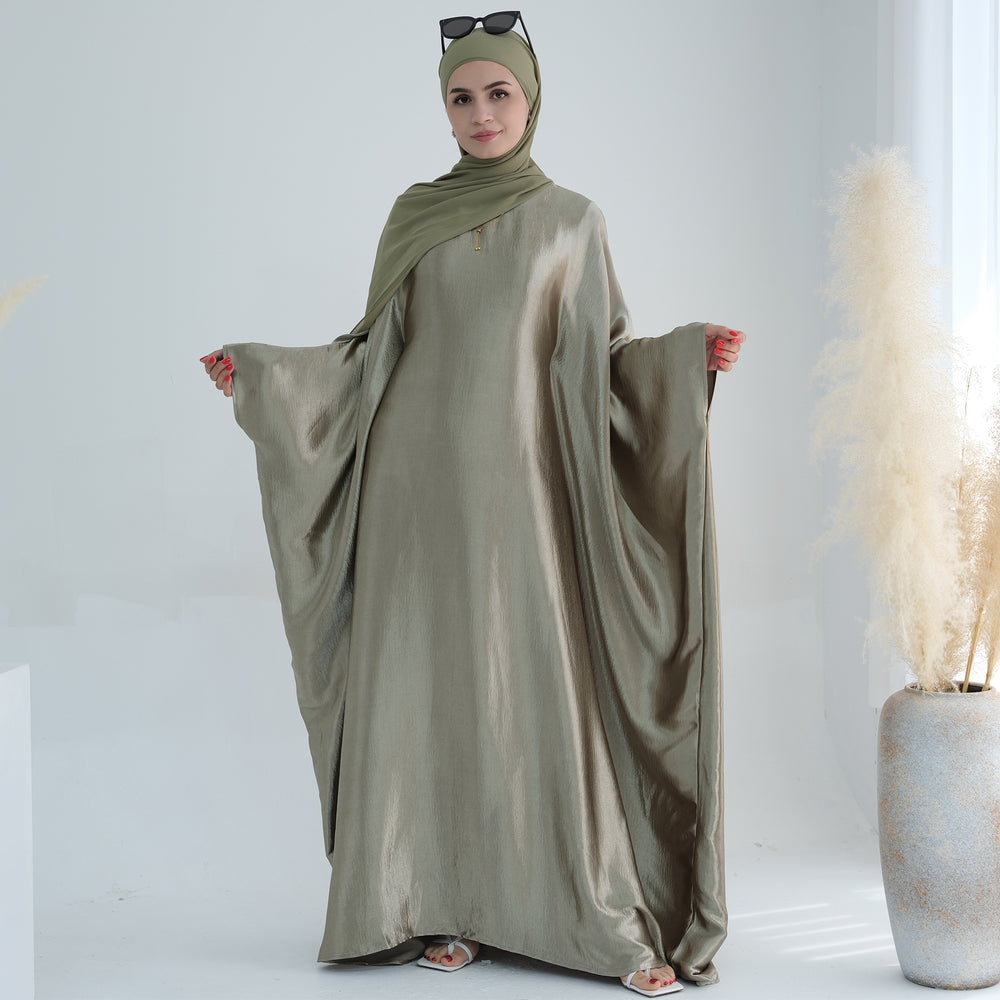 Get trendy with Alisha Butterfly Satin Abaya - Sage - Dresses available at Voilee NY. Grab yours for $72.90 today!