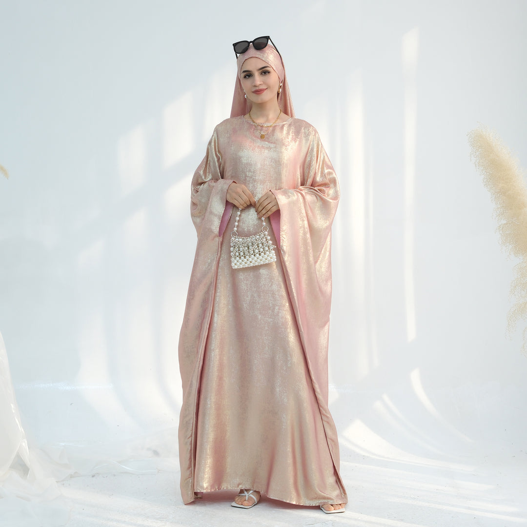 Get trendy with Linora Shimmer Butterfly Abaya - Peach - Dresses available at Voilee NY. Grab yours for $59.90 today!