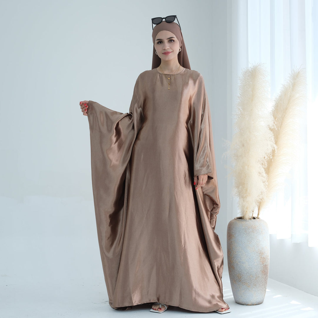 Get trendy with Alisha Butterfly Satin Abaya - Brown - Dresses available at Voilee NY. Grab yours for $72.90 today!