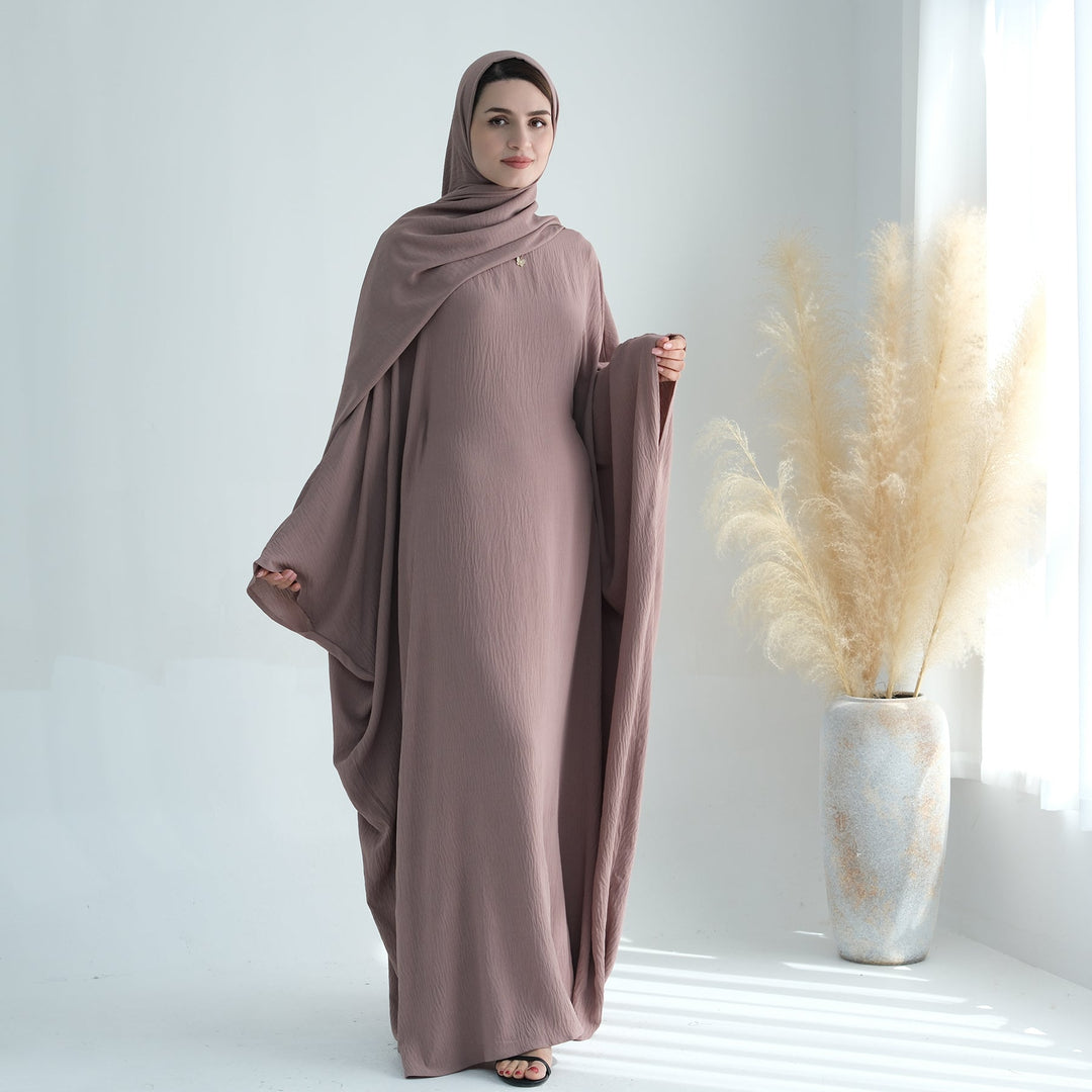 Get trendy with Naimah Textured Butterfly Abaya - Taupe -  available at Voilee NY. Grab yours for $54.90 today!