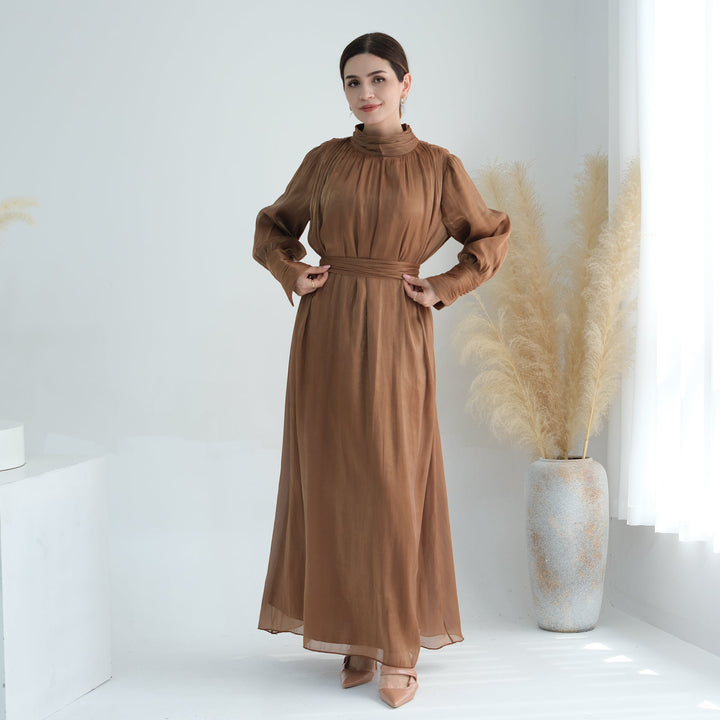 Get trendy with Indira Sparkles Long Sleeve Maxi Dress - Brown - Dresses available at Voilee NY. Grab yours for $69.90 today!