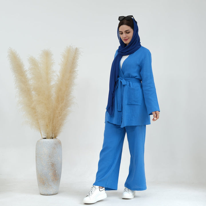 Get trendy with Cotton Waffle 4-piece Lounge Set - Blue - Pants set available at Voilee NY. Grab yours for $84.90 today!