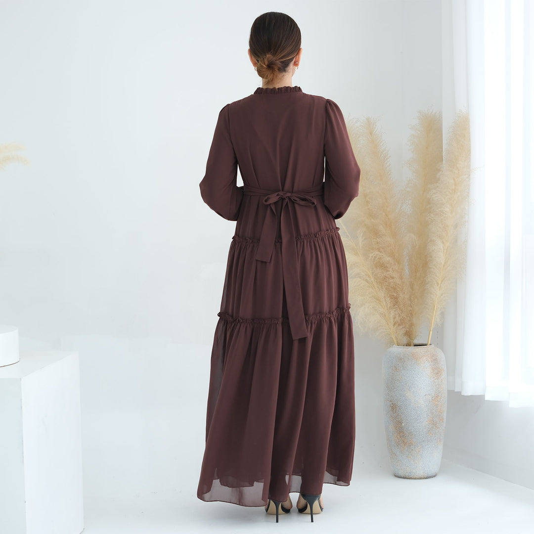 Get trendy with Molly Prairie Chiffon Maxi Dress - Coffee - Dresses available at Voilee NY. Grab yours for $69.90 today!