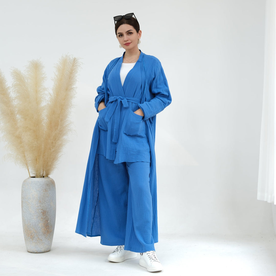 Get trendy with Cotton Waffle 4-piece Lounge Set - Blue - Pants set available at Voilee NY. Grab yours for $84.90 today!