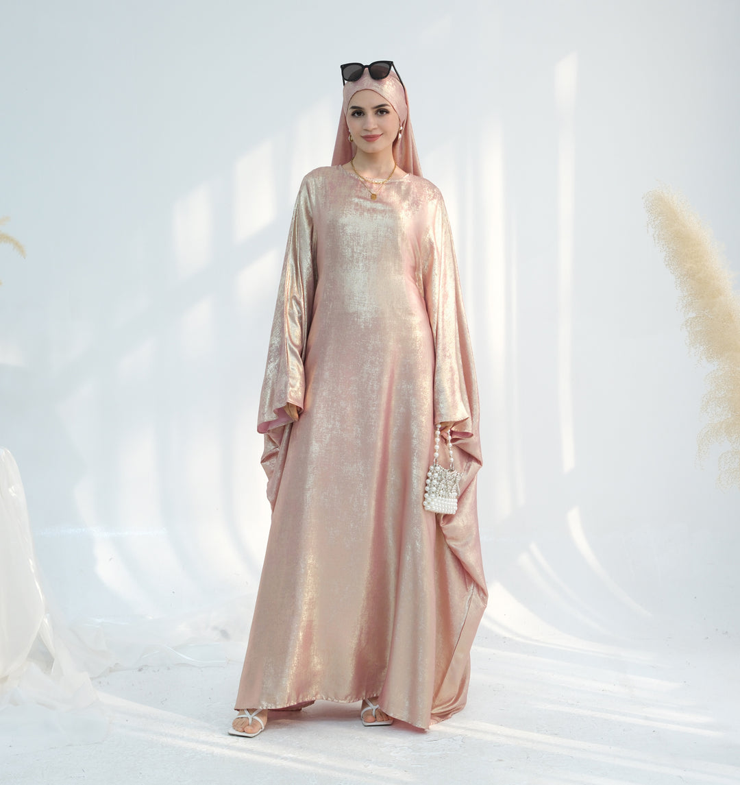 Get trendy with Linora Shimmer Butterfly Abaya - Peach - Dresses available at Voilee NY. Grab yours for $59.90 today!