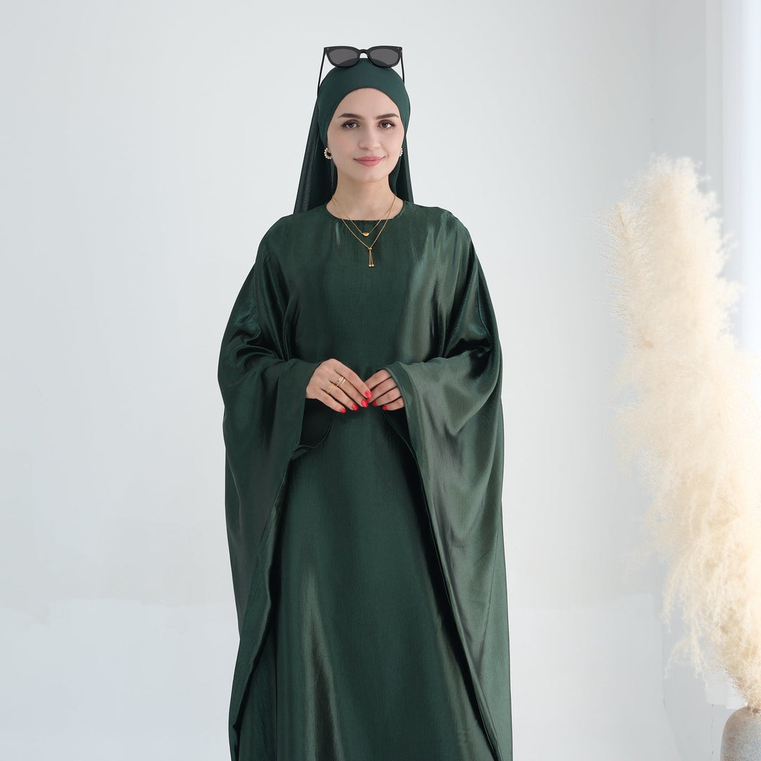 Get trendy with Alisha Butterfly Satin Abaya - Hunter - Dresses available at Voilee NY. Grab yours for $72.90 today!