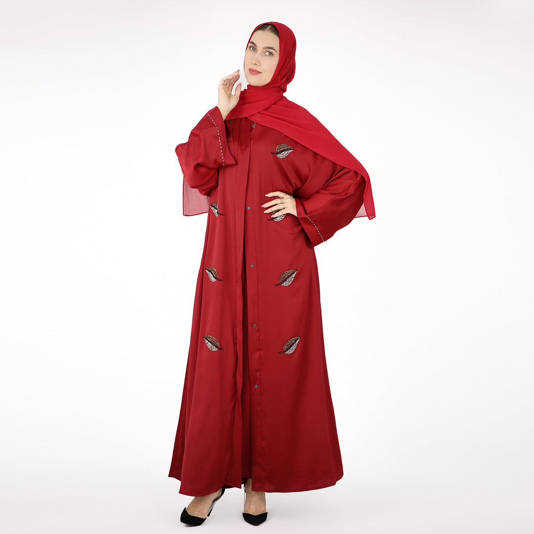 Get trendy with Basma Abaya Set - Red - Dresses available at Voilee NY. Grab yours for $120 today!