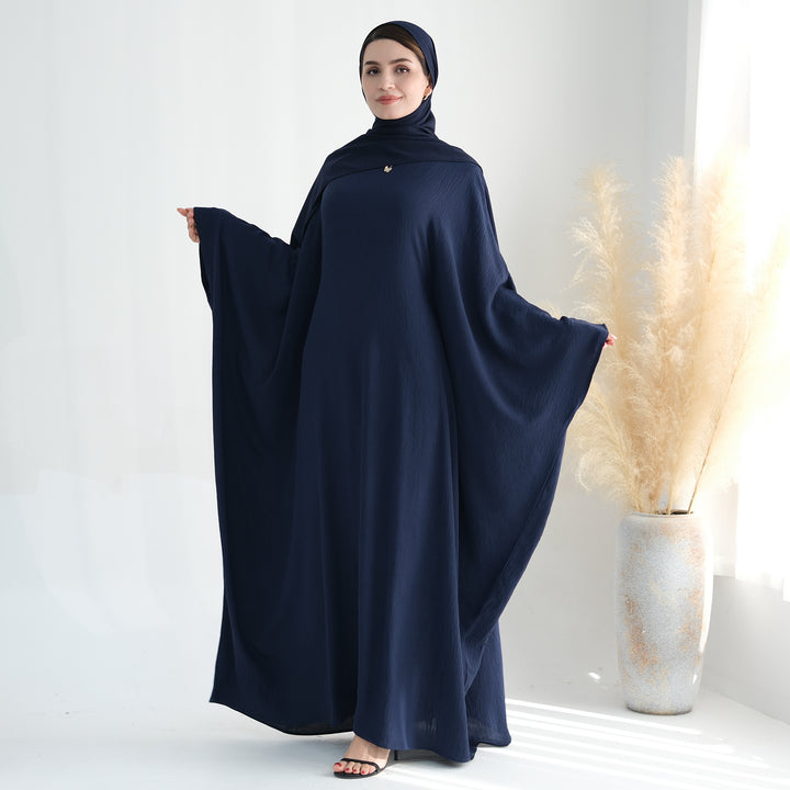 Get trendy with Naimah Textured Butterfly Abaya - Navy -  available at Voilee NY. Grab yours for $54.90 today!