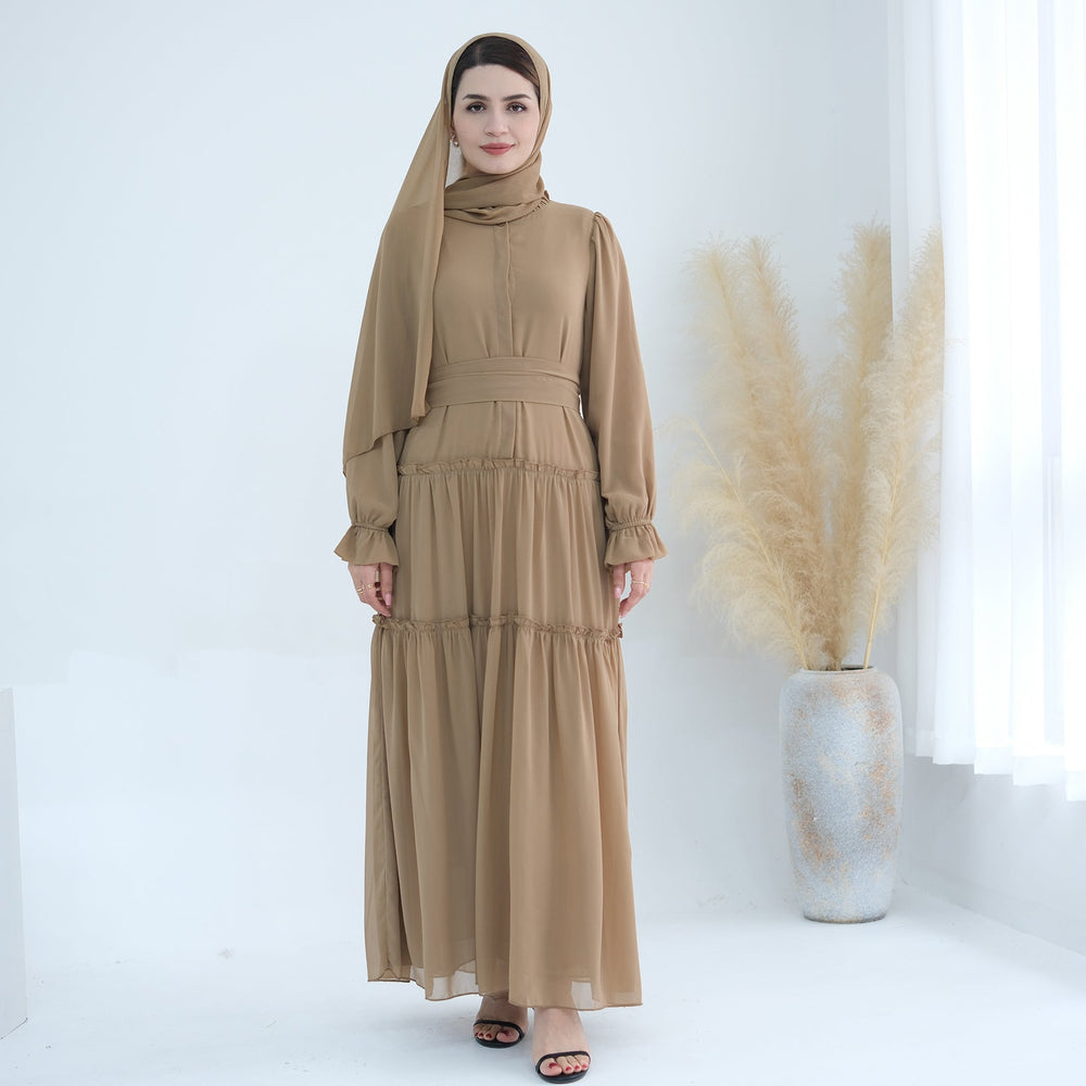 Get trendy with Molly Prairie Chiffon Maxi Dress - Beige - Dresses available at Voilee NY. Grab yours for $69.90 today!
