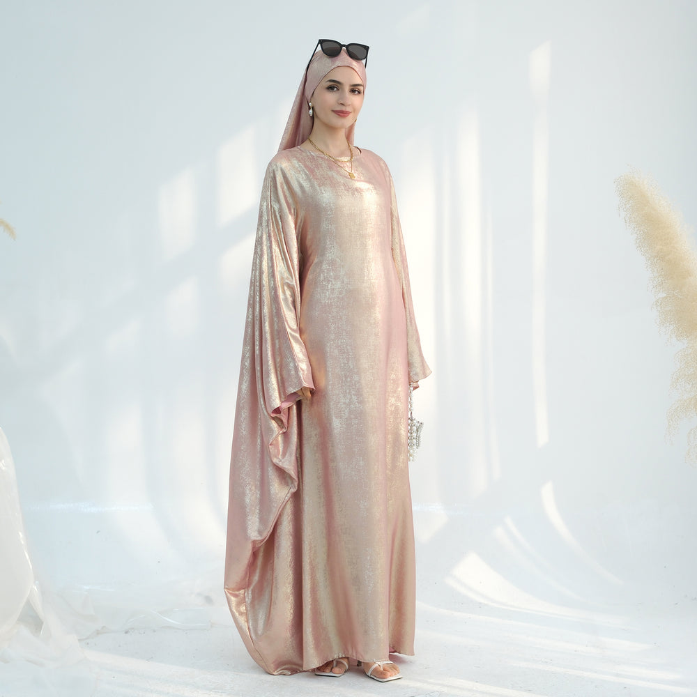 Get trendy with Linora Shimmer Butterfly Abaya - Peach - Dresses available at Voilee NY. Grab yours for $59.90 today!