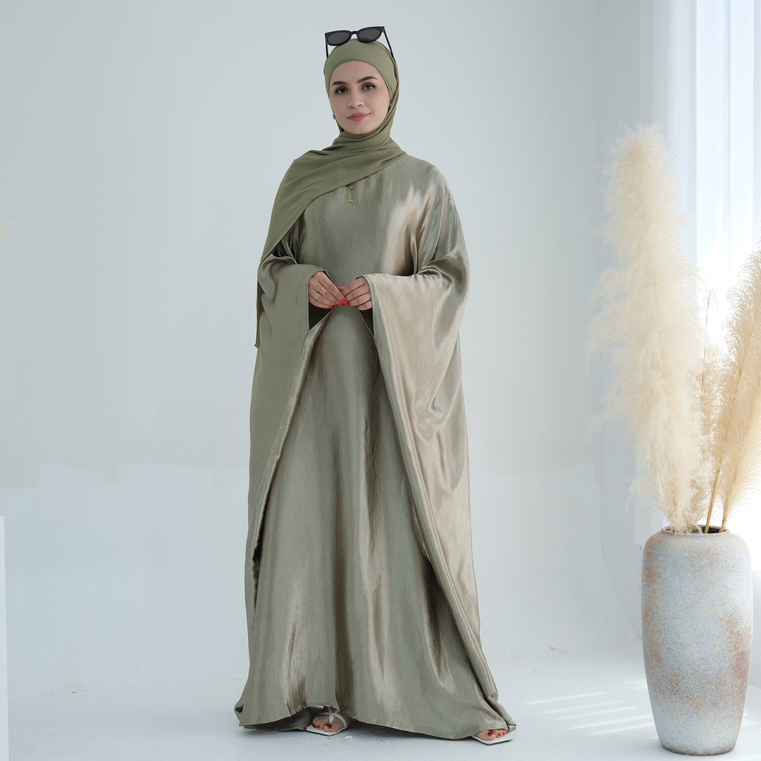 Get trendy with Alisha Butterfly Satin Abaya - Sage - Dresses available at Voilee NY. Grab yours for $72.90 today!