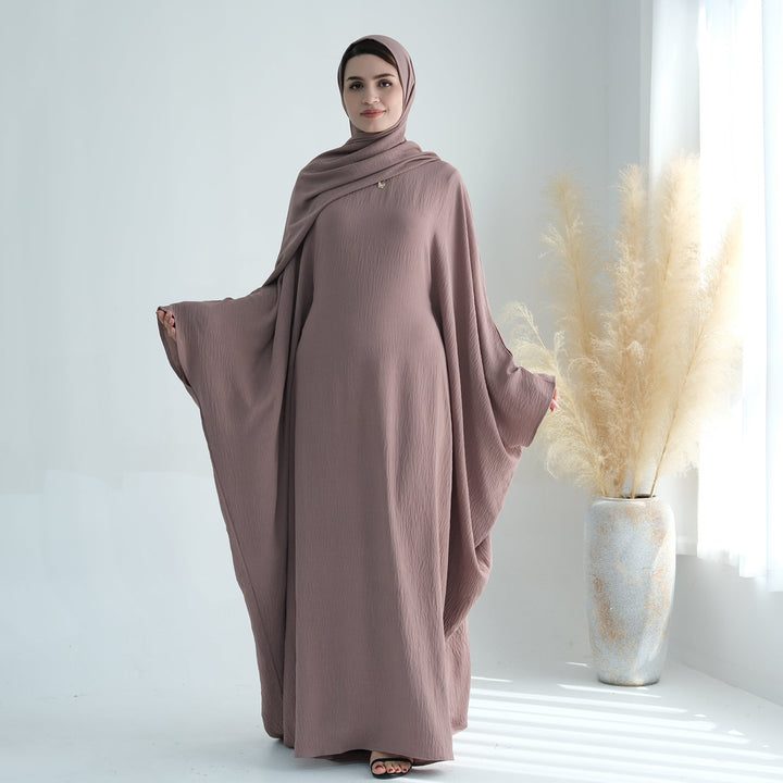 Get trendy with Naimah Textured Butterfly Abaya - Taupe -  available at Voilee NY. Grab yours for $54.90 today!