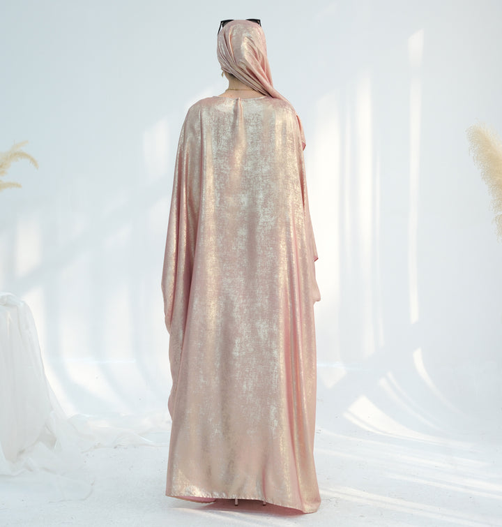 Get trendy with Linora Shimmer Butterfly Abaya - Peach - Dresses available at Voilee NY. Grab yours for $59.90 today!