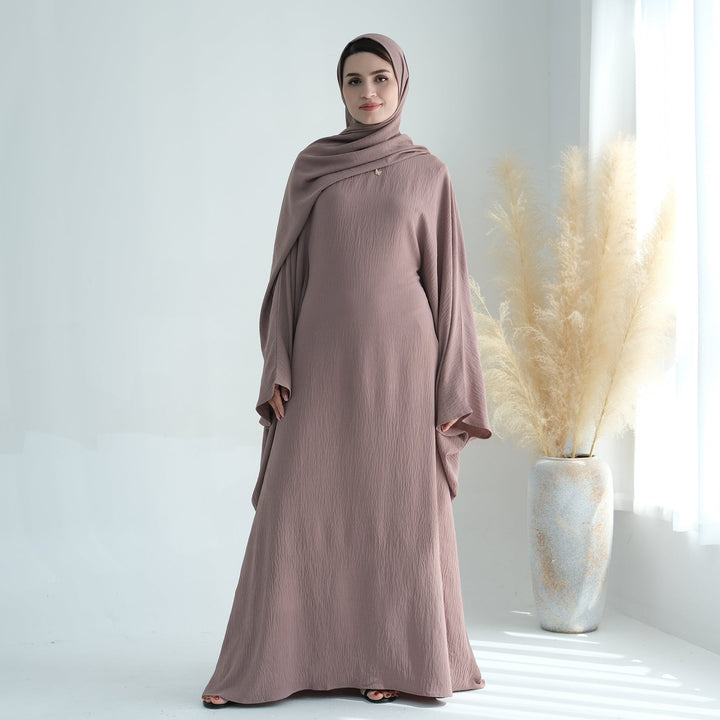 Get trendy with Naimah Textured Butterfly Abaya - Taupe -  available at Voilee NY. Grab yours for $54.90 today!