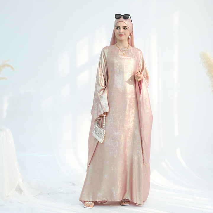 Get trendy with Linora Shimmer Butterfly Abaya - Peach - Dresses available at Voilee NY. Grab yours for $59.90 today!