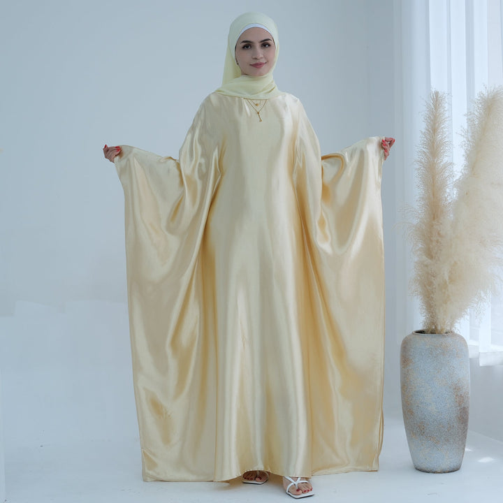 Get trendy with Alisha Butterfly Satin Abaya - Yellow Gold - Dresses available at Voilee NY. Grab yours for $72.90 today!
