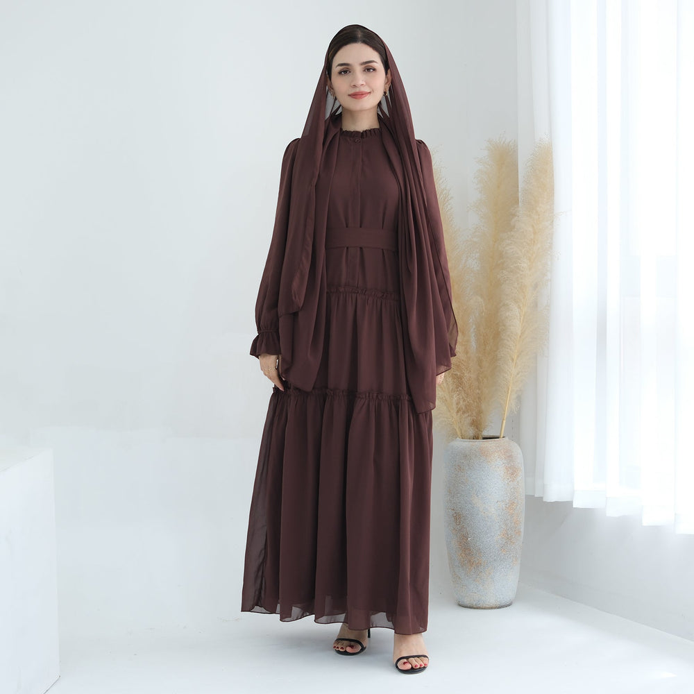 Get trendy with Molly Prairie Chiffon Maxi Dress - Coffee - Dresses available at Voilee NY. Grab yours for $69.90 today!