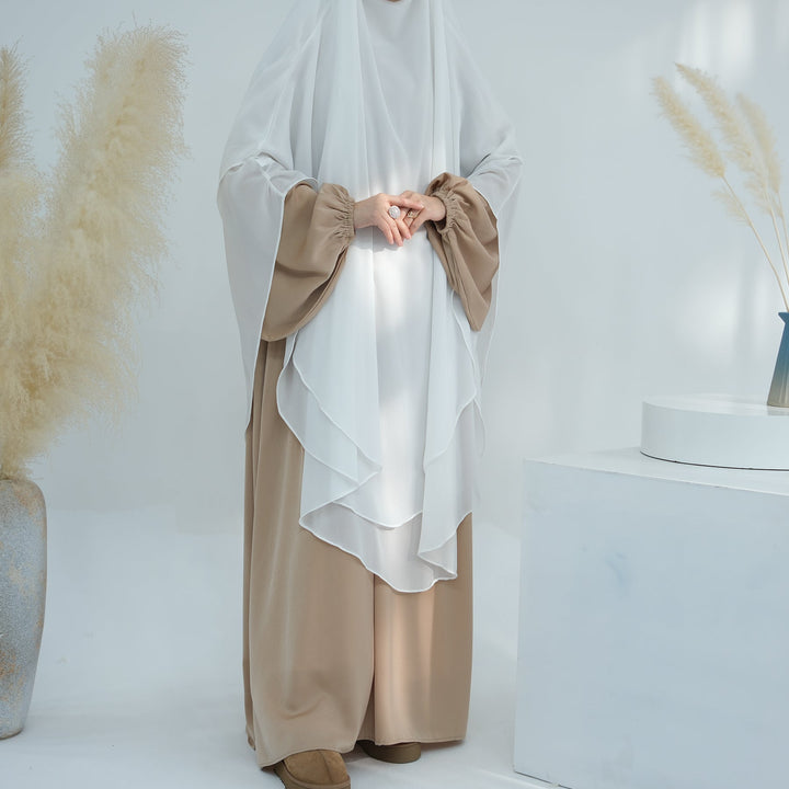 Get trendy with 2-layer Maxi Chiffon Khimar - White -  available at Voilee NY. Grab yours for $44.90 today!