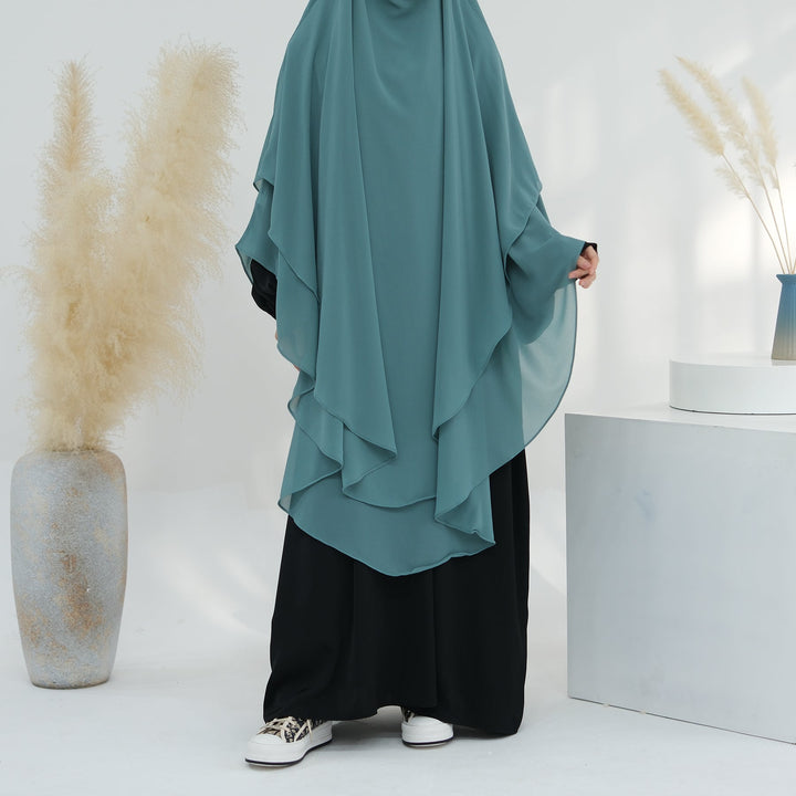 Get trendy with 2-layer Maxi Chiffon Khimar - Teal -  available at Voilee NY. Grab yours for $44.90 today!