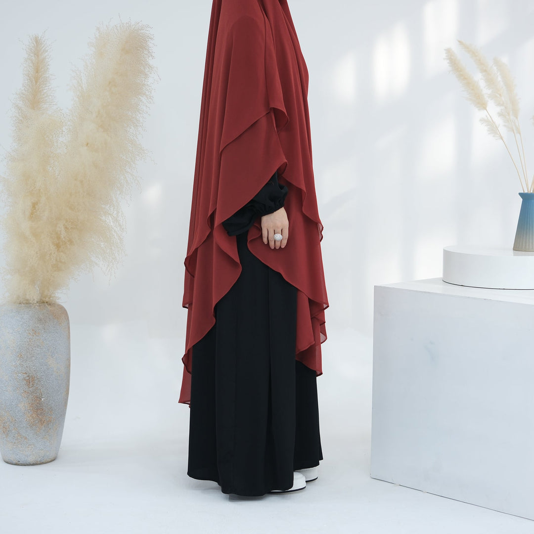 Get trendy with 2-layer Maxi Chiffon Khimar - Red -  available at Voilee NY. Grab yours for $44.90 today!
